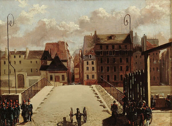 Pont de l'Archevêché guarded by troops during the 1848 revolution. Creator: Unknown