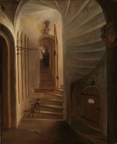 Portal of a stairway tower, with a man descending the stairs: presumably the moment... 1640-1664. Creator: Egbert van der Poel