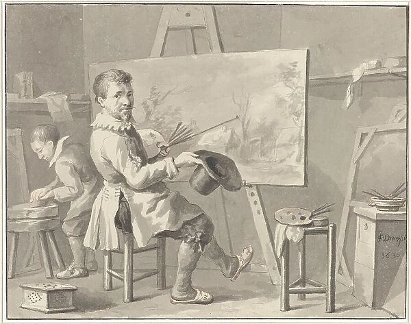 Portrait of Joost Corneliszn. Droochsloot in his studio sitting behind an easel with... 1780-1848. Creator: Martinus Schouman