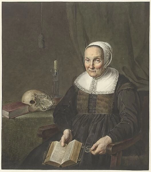Portrait of a sitting old woman with opened book, 1780-1834. Creator: Jean Pierre de Frey