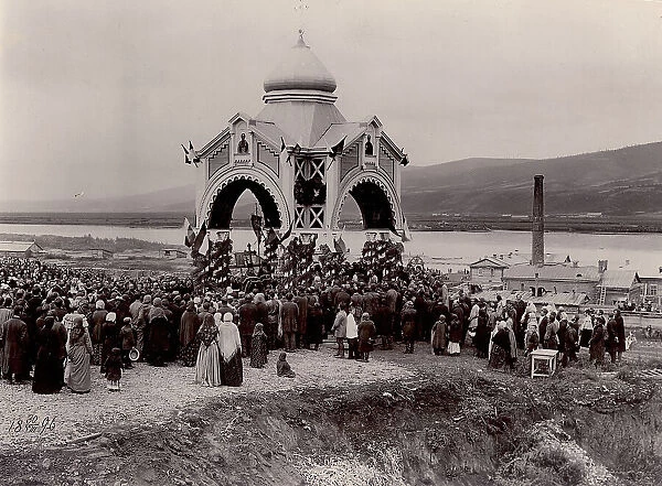 A prayer service at the laying of a railway bridge over the Yenisei River, 1896. Creator: IR Tomashkevich