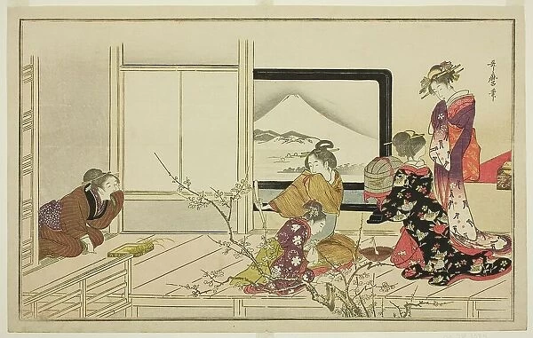 Preparing Food for a Nightingale, from the illustrated kyoka anthology 'Men's Stamping... 1798. Creator: Kitagawa Utamaro. Preparing Food for a Nightingale, from the illustrated kyoka anthology 'Men's Stamping... 1798