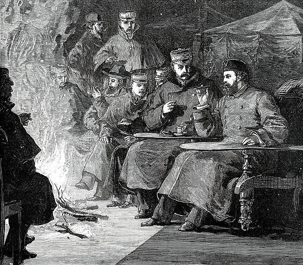 The Prince and his Comrades: Camp-Fire after Dinner in the Terai, 1876. Creator: Unknown
