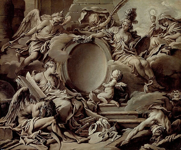 Project for a Cartouche: An Allegory of Minerva, Fame, History and Faith Overcomin... c1727. Creator: Francois Boucher