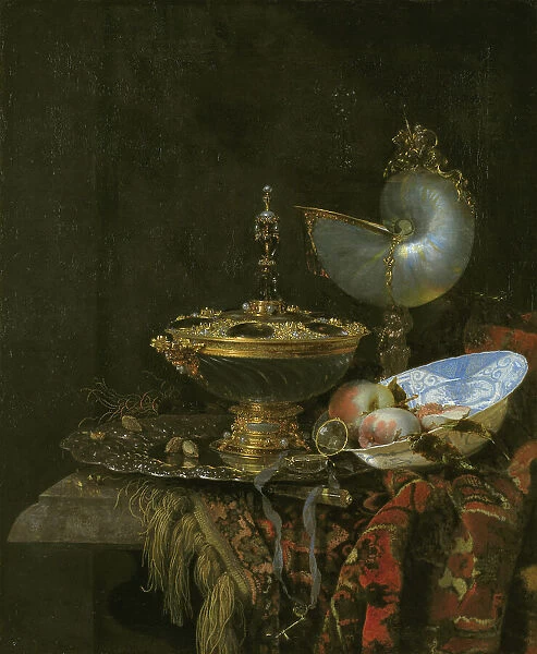 Pronk Still Life with Holbein Bowl, Nautilus Cup, Glass Goblet and Fruit Dish, 1678. Creator: Willem Kalf