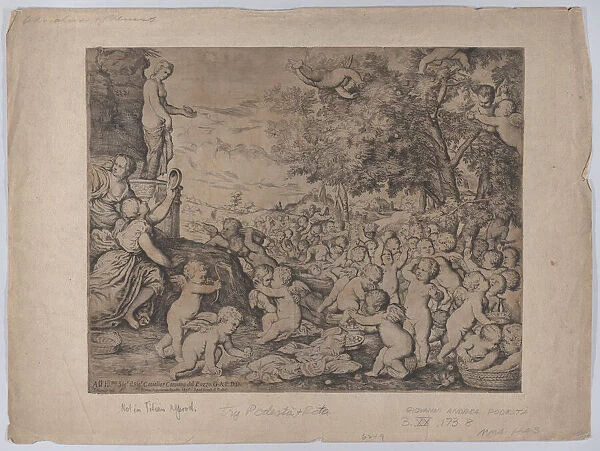 Putti before a statue of Venus;after Titian, 1636. Creator: Giovanni Andrea Podestà