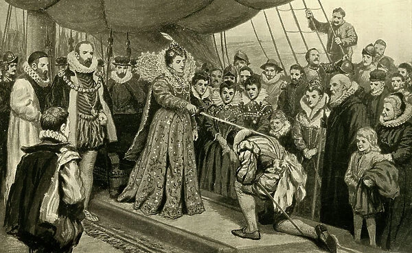 Queen Elizabeth Knighting Sir Francis Drake, (1902). Creator: Unknown