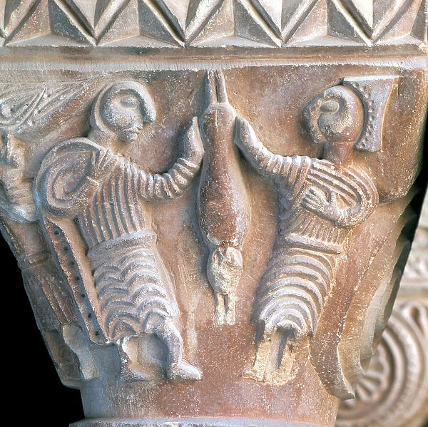 Rabbits hunters, detail of a capital in the cloister of the Monastery of Santa Maria