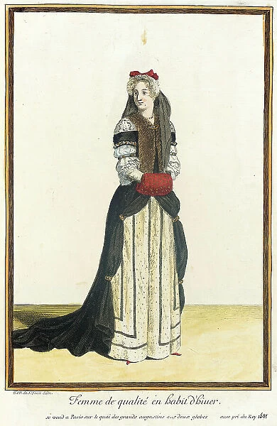 Recueil des modes de la cour de France, Femme de Qualité en Habit d'Hiuer, 1683. Creator: Jean de Dieu