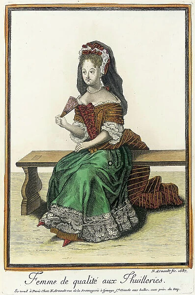 Recueil des modes de la cour de France, Femme de Qualité aux Thuilleries, 1687. Creator: Nicolas Arnoult