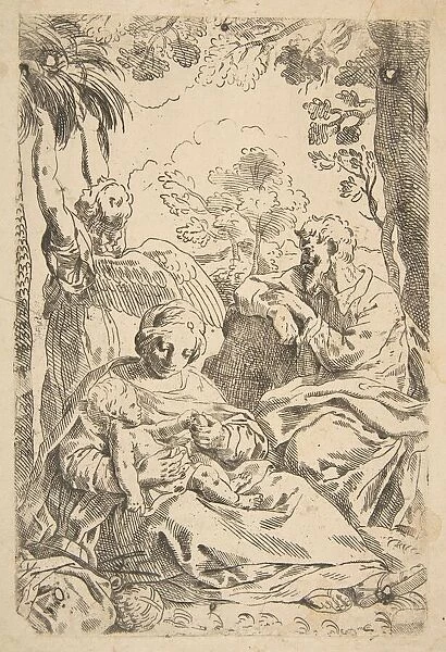 Repose in Egypt, Holy Family seated while an angel pulls at tree branche... ca