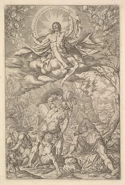 Resurrection of Christ, encompassed by an aureole and clouds with lines of winged putti