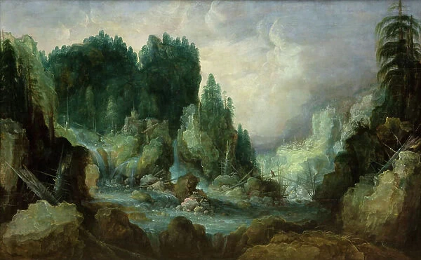 Rocky Landscape with a River and a Waterfall, 1612-1626. Creator: Monogrammist I. V. D. S