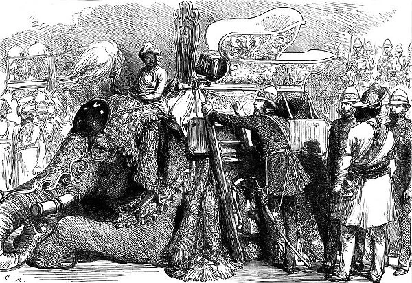 The Royal Visit to India: the Prince of Wales mounting his elephant...1876. Creator: C.R