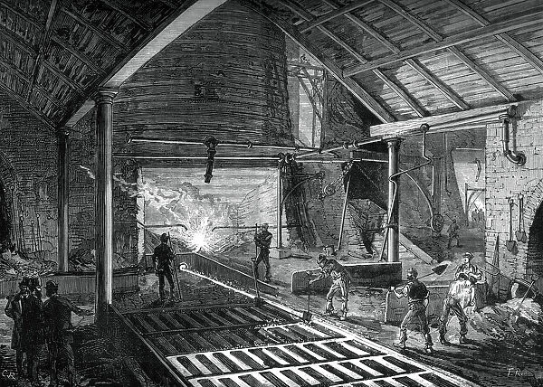 Running the molten iron into the pigs, c1880