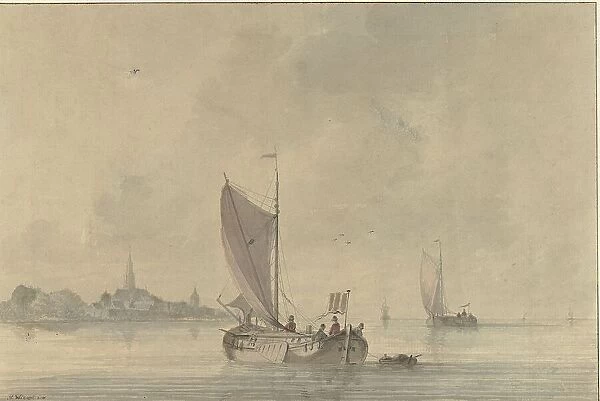 Sailing barges on the water in front of a Dutch town, 1758-1815. Creator: Nicolaas Wicart