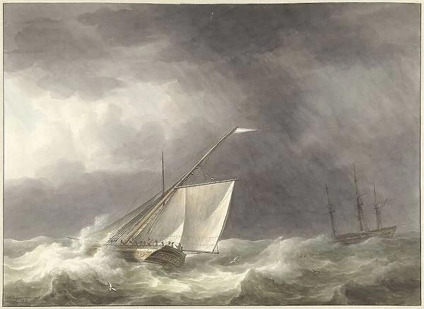 Two sailing ships on turbulent sea, 1803. Creator: Martinus Schouman