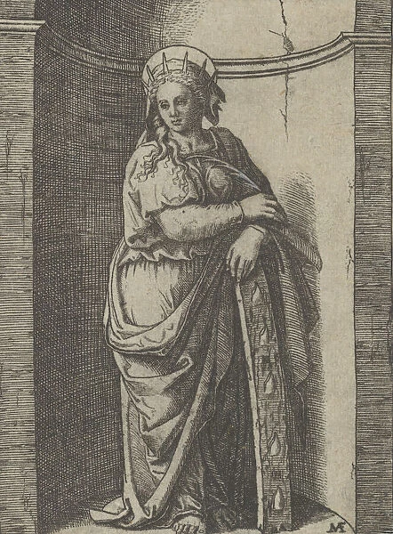 Saint Catherine standing in a niche, resting on a wheel, her instrument of tortur... ca