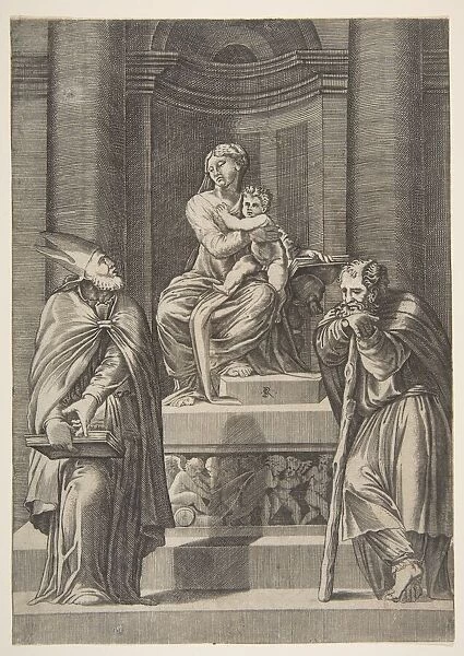 Saint Joseph at left and a bishop at right standing before the altar of the Virgin