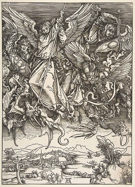 Saint Michael Fighting the Dragon, from The Apocalypse, 1498. Creator: Unknown
