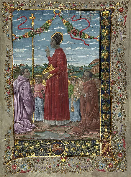 Saints with attendants, 20th-century painting on 14th-century antiphonary. Creator: Venetian Forger