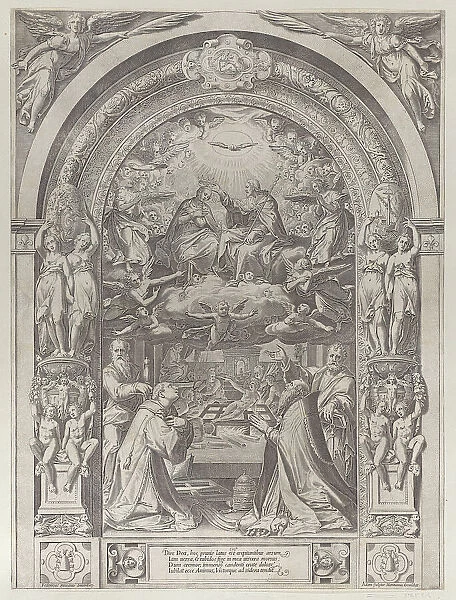 Saints Lawrence, Sixtus, Peter, and Paul adoring the Coronation of the Virgin by Chris... ca. 1576. Creator: Anon