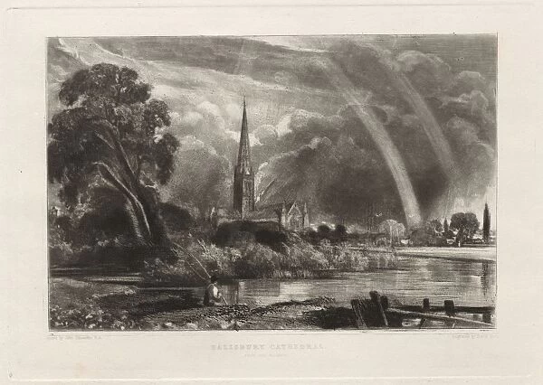 Salisbury Cathedral from the Meadows (Small Plate), 1855. Creator: David Lucas (British
