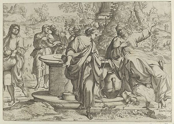 The Samaritan woman standing at the well, Christ seated next to her pointing to the right, ... 1610. Creator: Anon