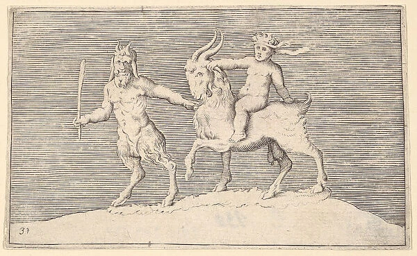 Satyr Leading Goat on which a Infant Rides, published ca. 1599-1622. Creator: Unknown