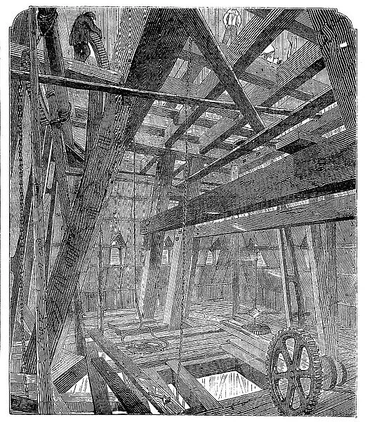 Scaffolding for Raising the Quarter-Bells in the Clock Tower of the New Houses of Parliament, 1857. Creator: Unknown