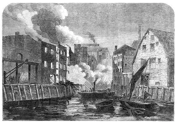 Scene of the fire at Dockhead, Bermondsey, sketched on Saturday morning, 1864. Creator: Unknown