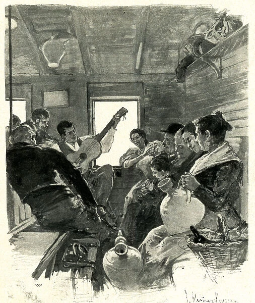 Scene inside a car in a Spanish train, snack and revelry, engraving, 1896