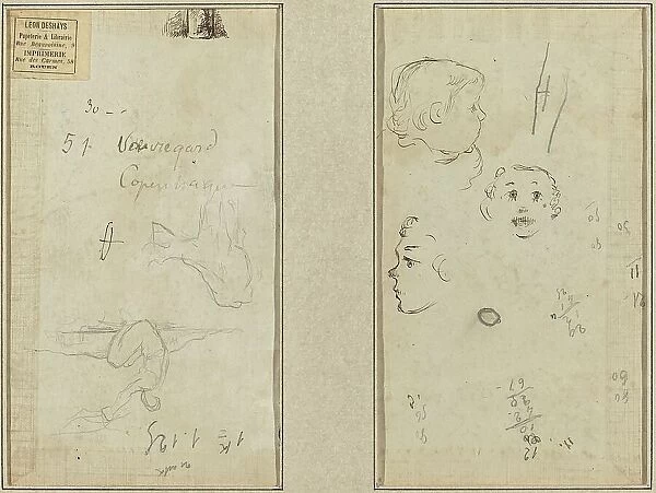 Seated Figure and a Cow; Three Studies of a Child's Head, 1884-1888. Creator: Paul Gauguin