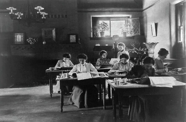 Seven women working in Roycroft shop, E. Aurora, N.Y. 1900. Creator: Frances Benjamin Johnston