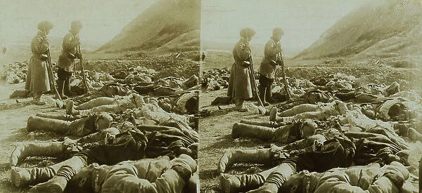 The shattered remains of Russian heroes who were killed near 203 Metre Hill, Port Arthur, c1905. Creator: Underwood & Underwood. The shattered remains of Russian heroes who were killed near 203 Metre Hill, Port Arthur, c1905