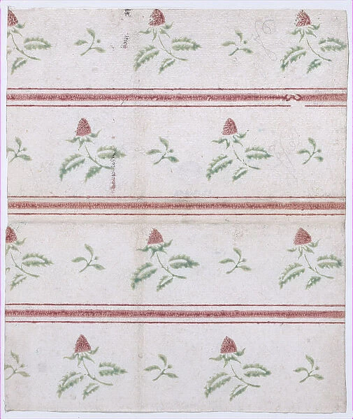 Sheet with overall leaf, flower, and stripe pattern, 19th century. Creator: Anon