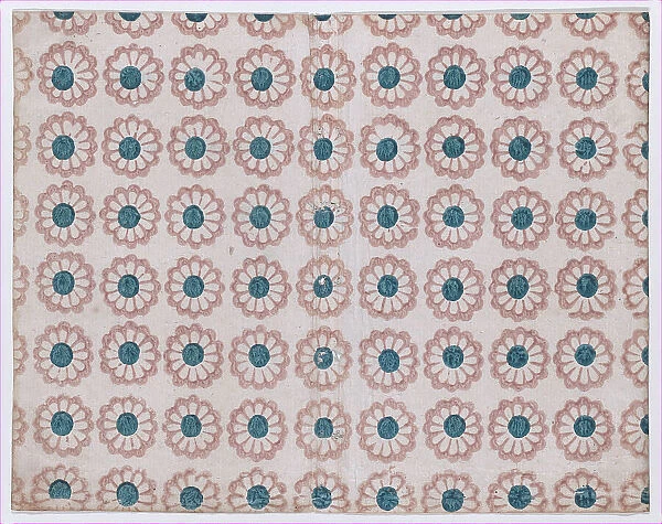 Sheet with overall pattern of pink flowers with blue centers, 19th century. Creator: Anon
