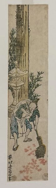 Shrine Attendant Raking Maple Leaves, c. 1830 or early 1830s. Creator: Katsushika Hokusai