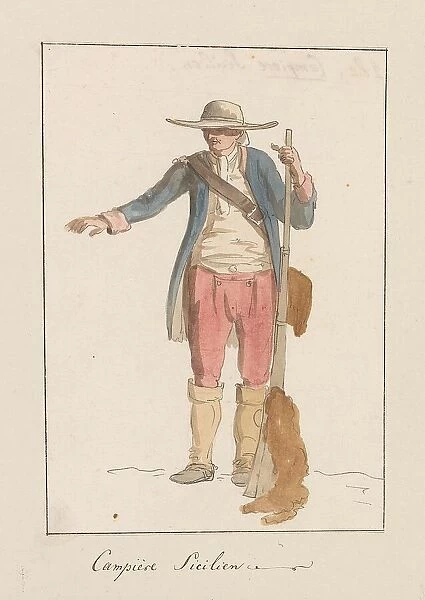 Sicilian man in local traditional costume, 1778. Creator: Louis Ducros