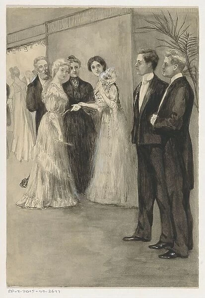 Sisters in evening dress looking at two young men, 1905 or earlier. Creator: Anna Maria Kruijff