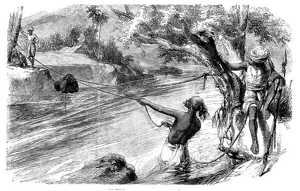 Sketches in India - Slinging Letter-bags across a Nullah in the Rainy Season, 1858. Creator: Unknown