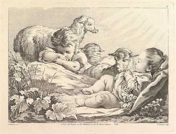 Two Sleeping Children With Three Sheep, 18th century. Creator: Pierre Alexandre Aveline