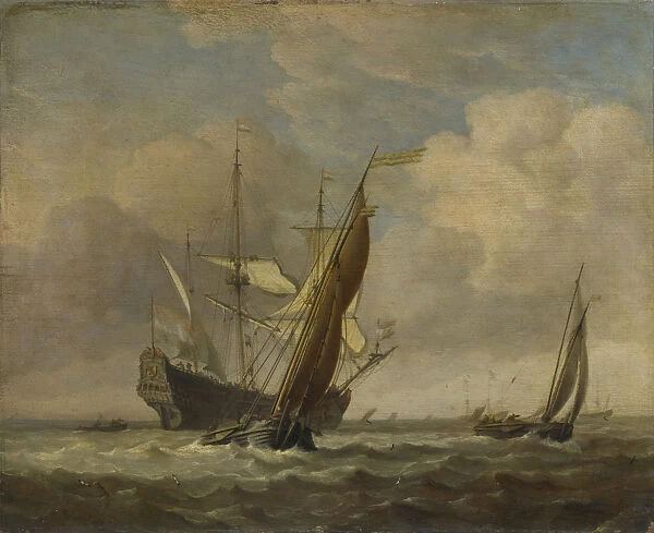 Two Small Vessels and a Dutch Man-of-War in a Breeze, c. 1660. Artist: Velde, Willem van de, the Younger (1633-1707)