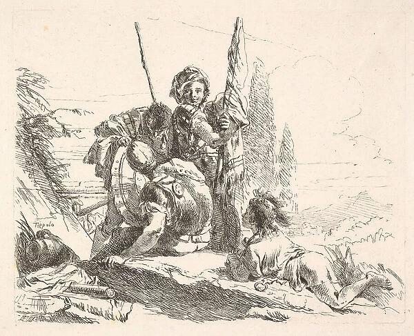 Three soldiers and a youth lying on his abdomen in a landscape, the soldiers bear a