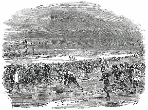 Sports on the Ice - Skating Race on Whittlesea Mere, 1850. Creator: Smyth