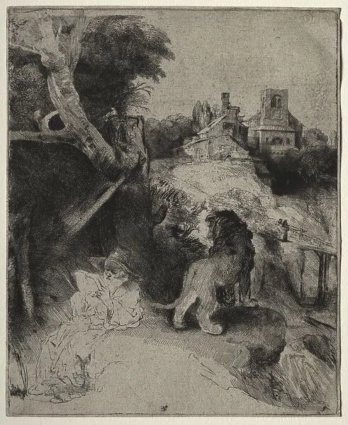 St. Jerome Reading in an Italian Landscape, c. 1653. Creator: Rembrandt van Rijn (Dutch