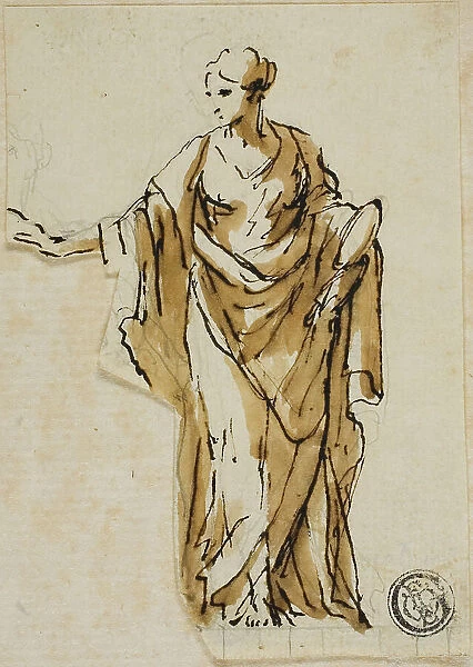Standing Female Figure with Right Hand Raised, n.d. Creators: John Michael Rysbrack, Sir James Thornhill