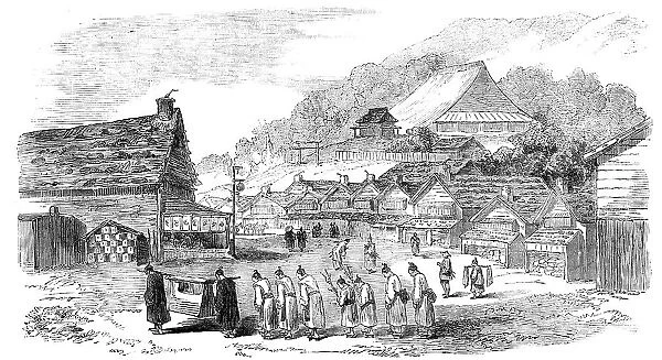 Street in Hakodade, and funeral procession, 1856. Creator: Unknown