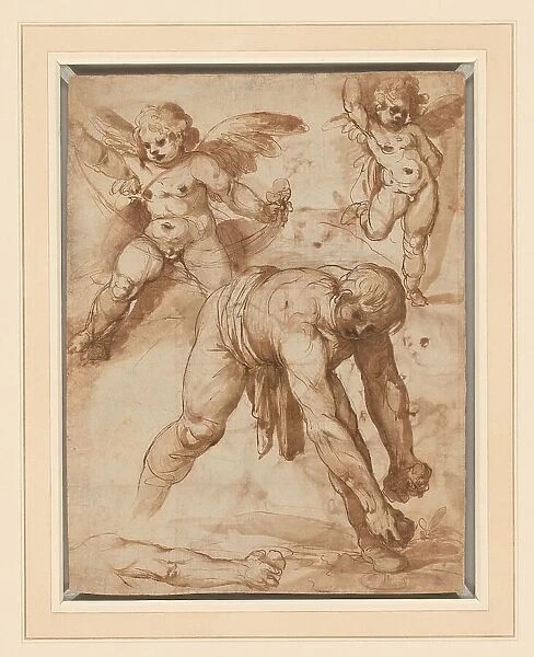 Studies of a Figure Bending Over, Two Putti, and an Arm (recto); Rest on the Flight... 1596 / 97. Creator: Cesare Rossetti