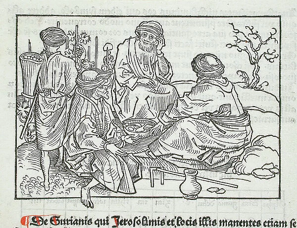 Syrian Vineyard Workers Pausing for a Meal (recto); Text with Table (verso), published 1486. Creator: Erhard Reuwich